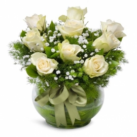 Marmaris Çiçek Fanusta Mutluluk 9 Beyaz Gül Aranjmanı